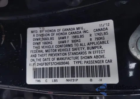 2012 Honda Civic Lx from USA, damaged, VIN 2HGFB2F57CH609946